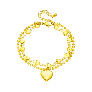 Double-layered gold heart bracelet with round beads and LOVE engraved pendant