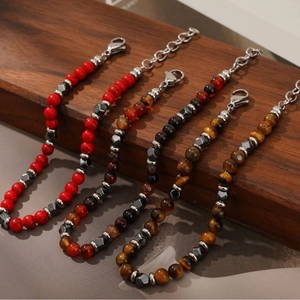 Bohemian agate and tiger eye beaded bracelets for men with lobster clasp and metal accents