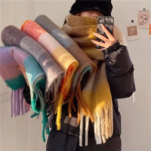 Thick colorful plaid tassel scarf made of soft mohair feel knit for winter warmth