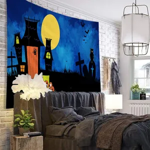 Detail of Halloween tapestry with moon and castle pattern for wall decoration