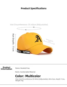 Detail showing the adjustable 55-60cm yellow baseball cap with 'A' embroidery and ribbon
