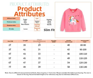 Detailed size guide for girls pink unicorn sweatshirt with fabric quality and measurements