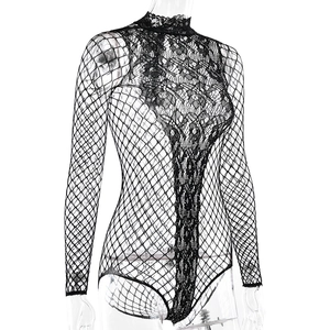 Detail of black long sleeve mesh bodysuit with intricate lace patterns and rhinestones