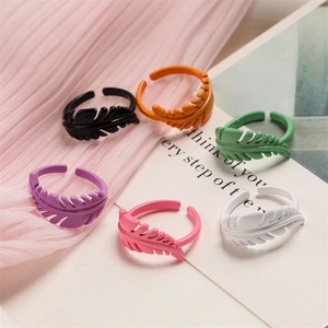 Colorful Leaf Feather Open Ring Copper Lacquer Adjustable Dopamine Style Fashion Jewelry For Women