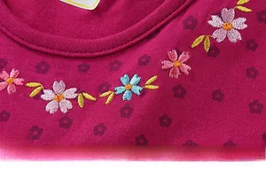 Dettaglio dello scollo rotondo con ricami floreali colorati su maglia di cotone rosa acceso