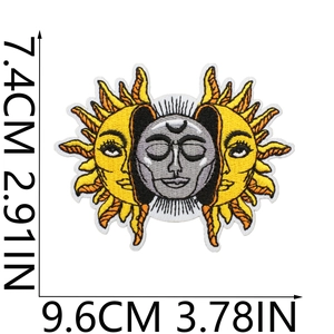 Detailed view of sun and moon embroidery patch showing precise 7.4CM x 9.6CM dimensions