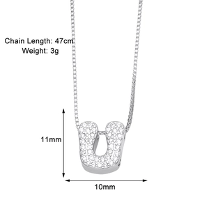 Silver letter U pendant necklace with zircon pavé setting and dimensions 11x10mm