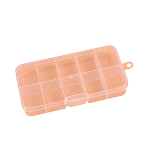 Translucent orange 10-compartment plastic storage box with hanging hole for small items