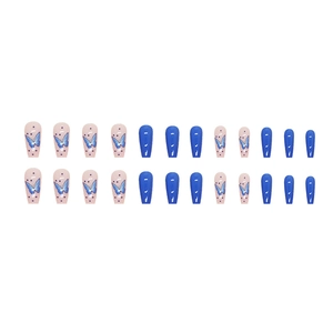 Faux ongles longs forme cercueil avec papillons bleus et finition rose brillant