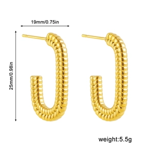 18K gold plated U-shaped hoop earrings with textured geometric spiral pattern, 25mm height