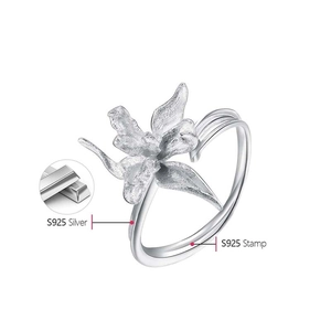 Close-up of S925 silver stamp on adjustable iris flower ring with frosted finish petals