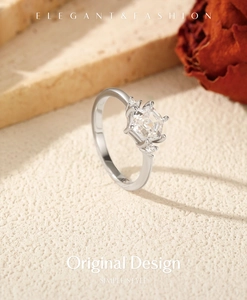Detailed view of an elegant S925 silver ring featuring a hexagonal emerald-cut gemstone