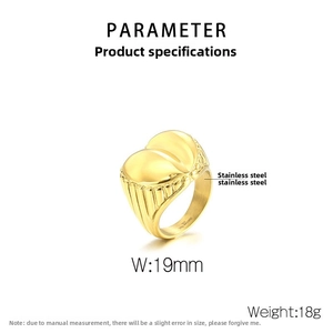 Macro view of a 19mm gold heart-shaped stainless steel ring with polished finish