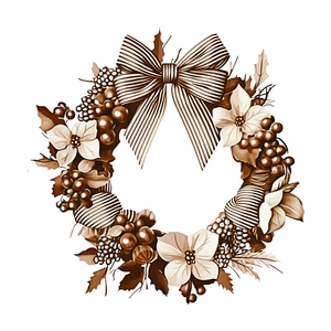 Vintage Christmas wreath wall decal with floral bow and berries in sepia illustration style