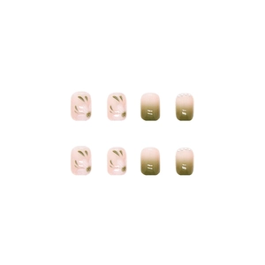 Pink and olive green gradient press-on nails with camellia floral art and pearl accents