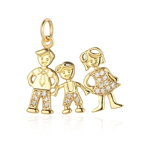 Detail of gold family pendant with parents and child figures inlaid with clear zircons