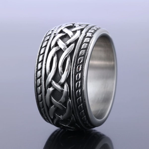 Retro stainless steel Celtic knot ring for men with embossed texture and wide band