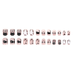 Faux ongles carrés roses avec chats noirs mignons et étoiles, ensemble de 24 pièces