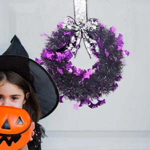 Ghirlanda di Halloween viola e nera con pipistrelli e fiocco argento per decorazione