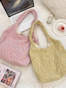 Plush shoulder tote bag in pink and lime green colors for casual daily wear
