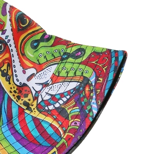Close-up of vibrant psychedelic print bucket hat with reinforced brim stitching detail