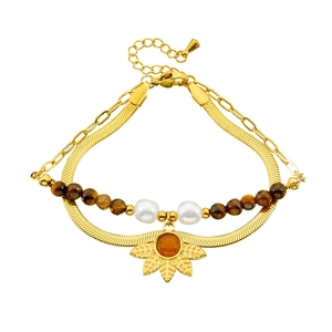 Double-layer gold stainless steel bracelet with tiger eye beads and maple leaf pendant