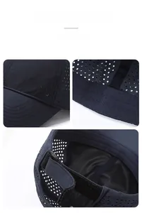 Detail view of the breathable fabric and adjustable strap on the navy outdoor sun hat