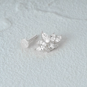 Close-up of S925 sterling silver flat back stud earring with marquise crystal cluster