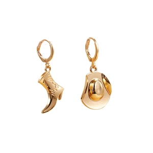 Fashionable golden alloy cowboy boot and hat asymmetric earrings with polished finish