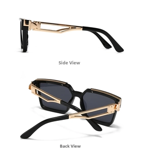 Detail view of square black sunglasses with unique geometric hollow metal temples
