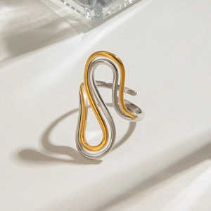 Anello aperto regolabile a forma di S in acciaio inossidabile bicolore placcato oro 18k