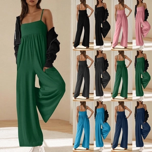 Collage of sleeveless square neck jumpsuits in various colors like green and pink