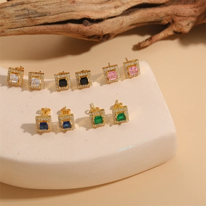 Square Geometric Cubic Zirconia Stud Earrings With Silver Earring Post French Dainty Luxury Copper Jewelry For Women