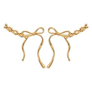 Elegant gold bow earrings with woven chain design, polished finish for women