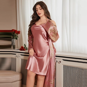 Pink silk satin two-piece sleepwear set with floral print robe and cowl neck nightgown