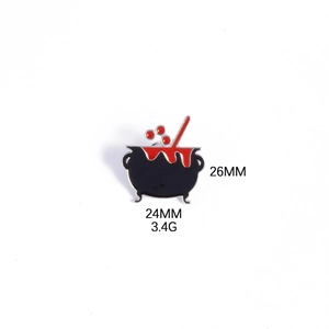 Detailed view of Halloween cauldron enamel pin with dimensions 26mm and 24mm