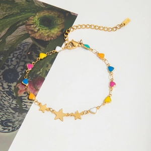 Detailed view of 18K gold-plated bracelet with colorful enamel hearts and star charms