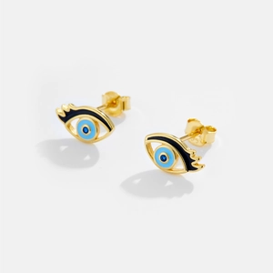 Luxurious S925 sterling silver evil eye stud earrings with blue enamel and gold finish