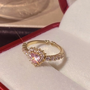 Pink heart crystal gold ring with pave zircon details in a red velvet gift box