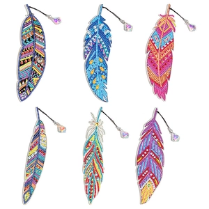 Set of 6 DIY diamond painting feather bookmarks with crystal pendants and colorful rhinestones