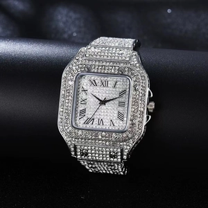 Close-up of luxury square quartz watch with full diamond inlay and Roman numerals
