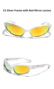 Detail view of Y2K futuristic silver sport sunglasses with red mirrored lenses