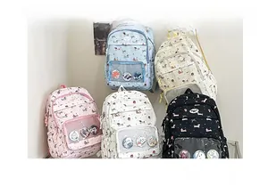 Detail showing various colors of the cartoon puppy backpack set with transparent pockets