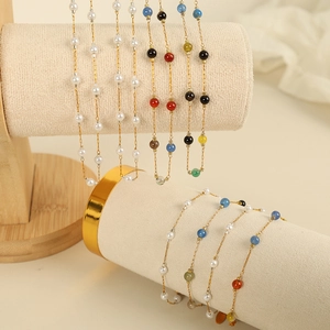 Minimalist Gold Chain Necklace Bracelet With Natural Colorful Stones And Artificial Pearls Stainless Steel Elegant Fashion Jewelry