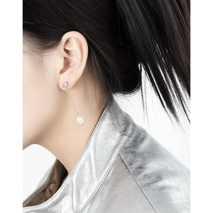 Minimalist S925 silver pearl drop earrings with zircon stone on model