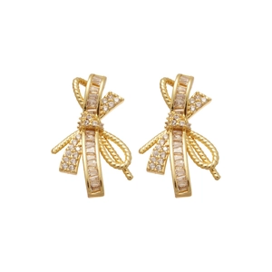 Elegant gold-plated bow-shaped stud earrings with sparkling cubic zirconia stones