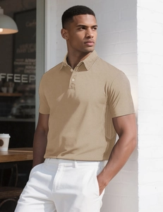 Detail of khaki men's polo shirt with textured fabric and white buttons in outdoor light