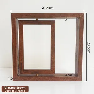 Detailed dimensions of a vintage brown rotating wooden double photo frame display