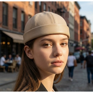 Scatto all'aperto del cappello docker in pelle beige chiaro con trama a grana