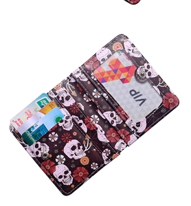Detail view of foldable skull wallet showing multiple card slots and clear ID window